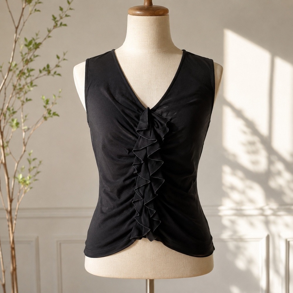 Lafayette 148 Silk Ruffle Top Small Black Ruched V Neck Quiet Luxury Workwear